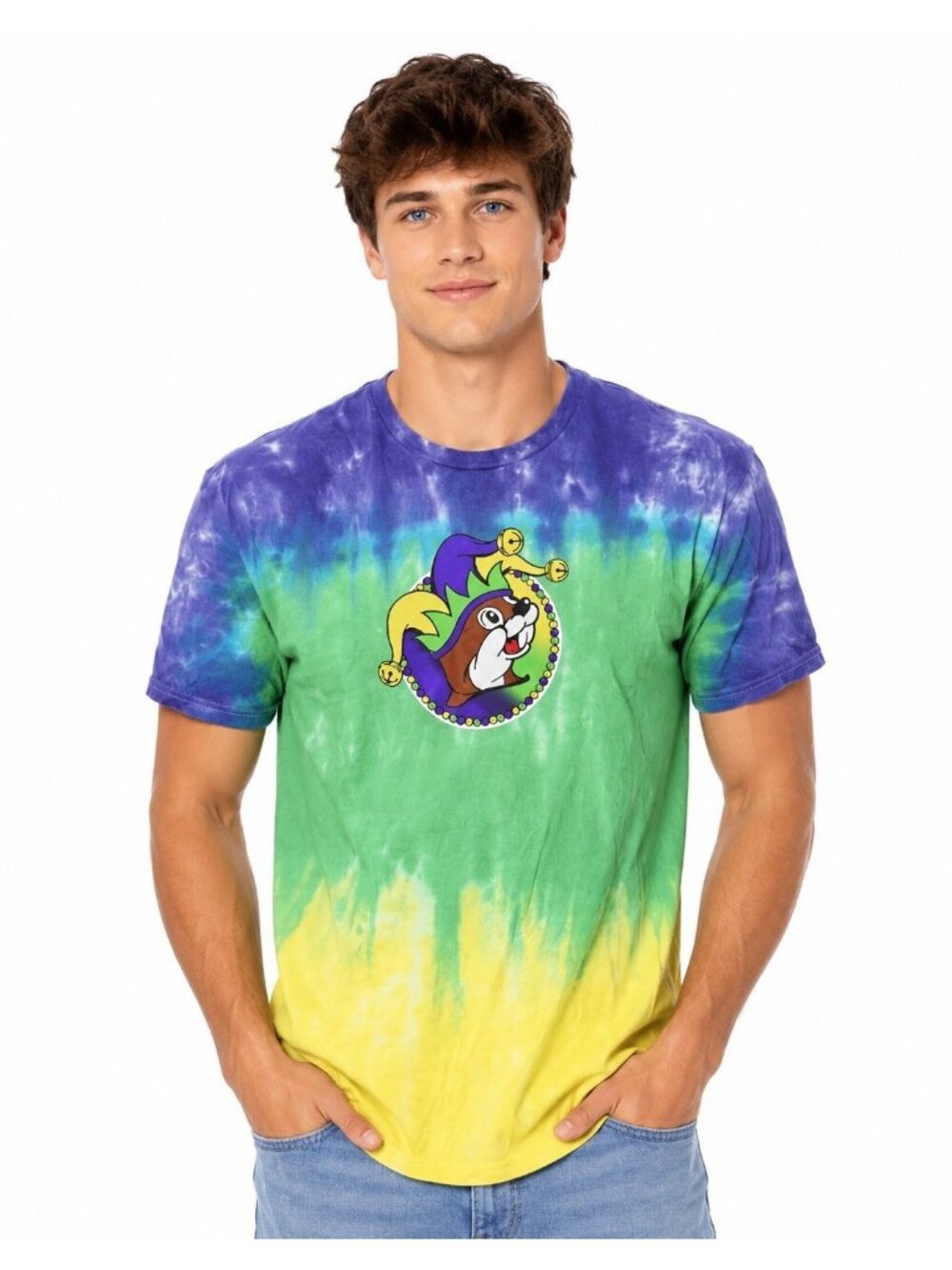 BUC-EES Peace Love Mardi Gras Tie Dye Double Sided T-Shirt Sz XL Purple Yellow G
